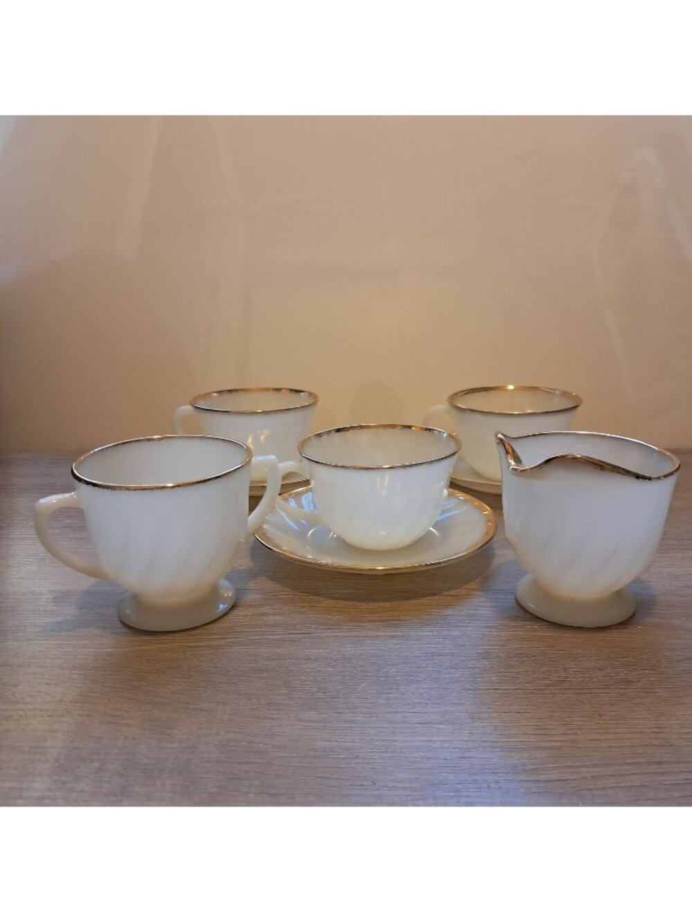 Fire King Swirl Milk Glass Set 3 Teacups- Creamer-Sugar Bowl Set-Classic Vintage
